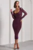 Between The Lines | Plum Ruched Mesh Long-Sleeved Bodycon Midi Dress sold by Club L London