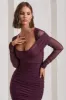 Between The Lines | Plum Ruched Mesh Long-Sleeved Bodycon Midi Dress sold by Club L London