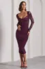 Between The Lines | Plum Ruched Mesh Long-Sleeved Bodycon Midi Dress sold by Club L London