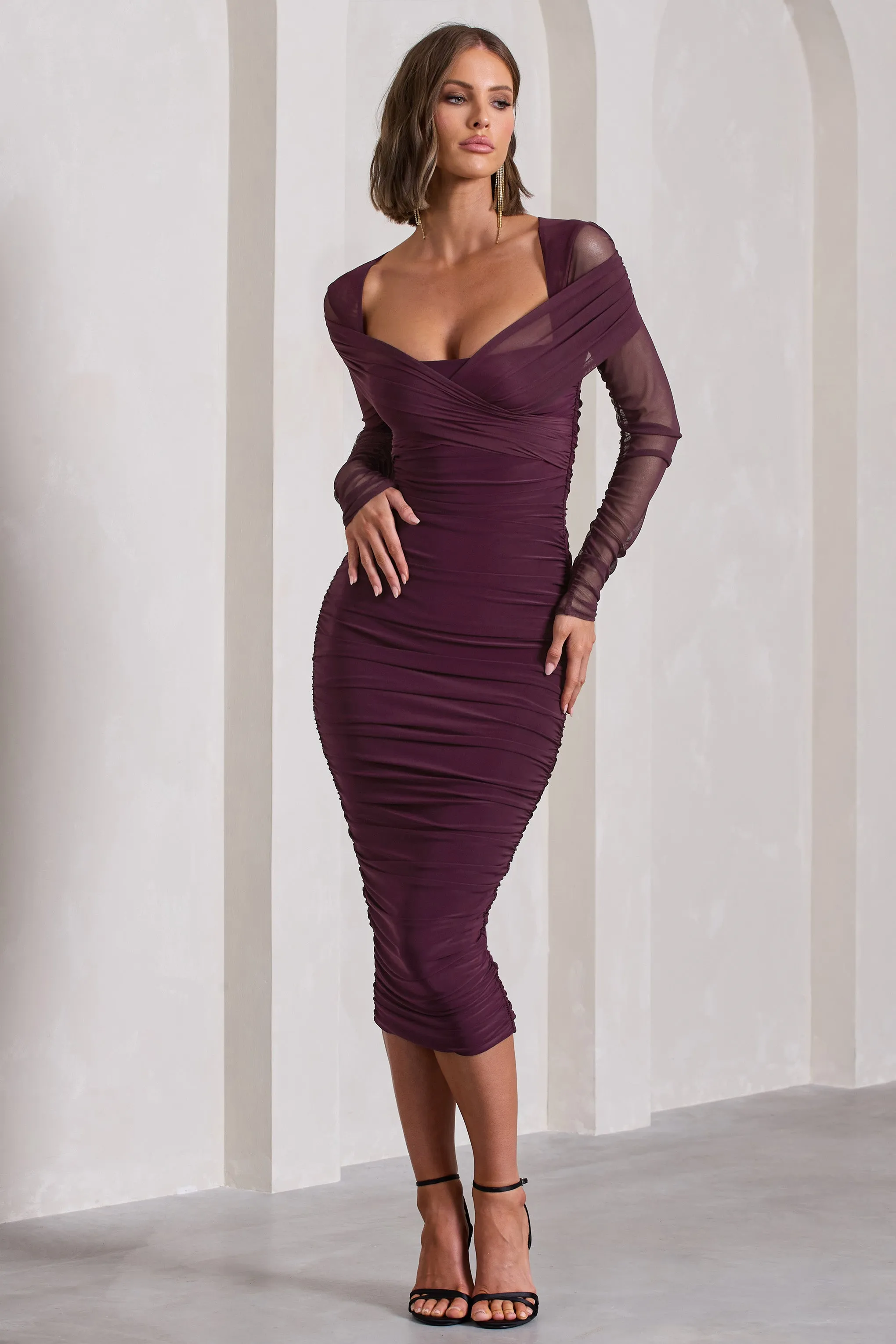 Plum Ruched Dress Plum Bodycon Midi Dress Plum Long Sleeve Ruched Bodycon  Dress  AX Paris