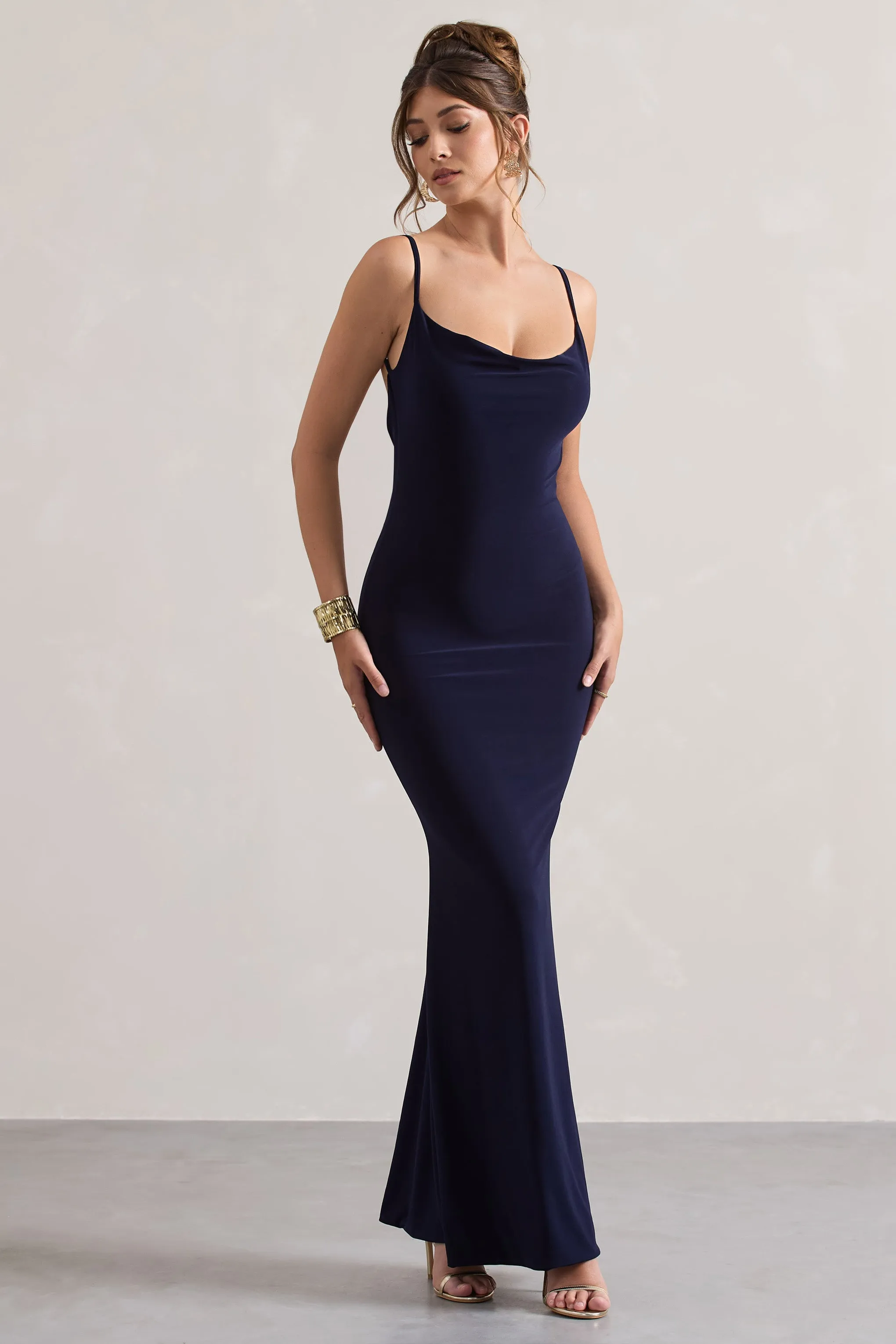 Francoise | Navy Cowl Neck Backless Maxi Dress With Lace Insert sold by Club L London product image thumbnail 4
