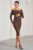 Heartbeat | Chocolate One-Shoulder Long-Sleeved Maternity Midi Dress sold by Club L London