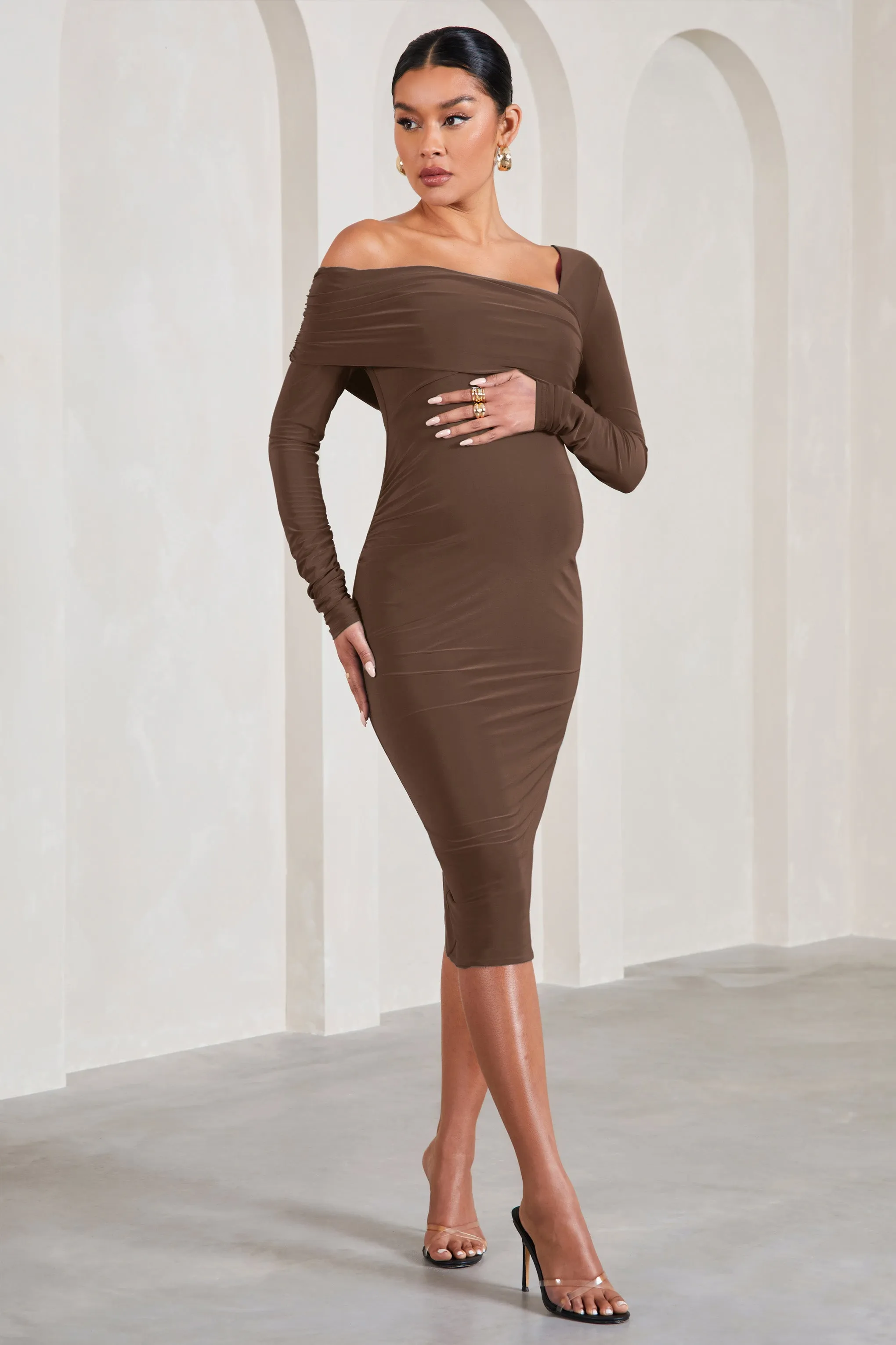 Heartbeat | Chocolate One-Shoulder Long-Sleeved Maternity Midi Dress sold by Club L London product image thumbnail 5