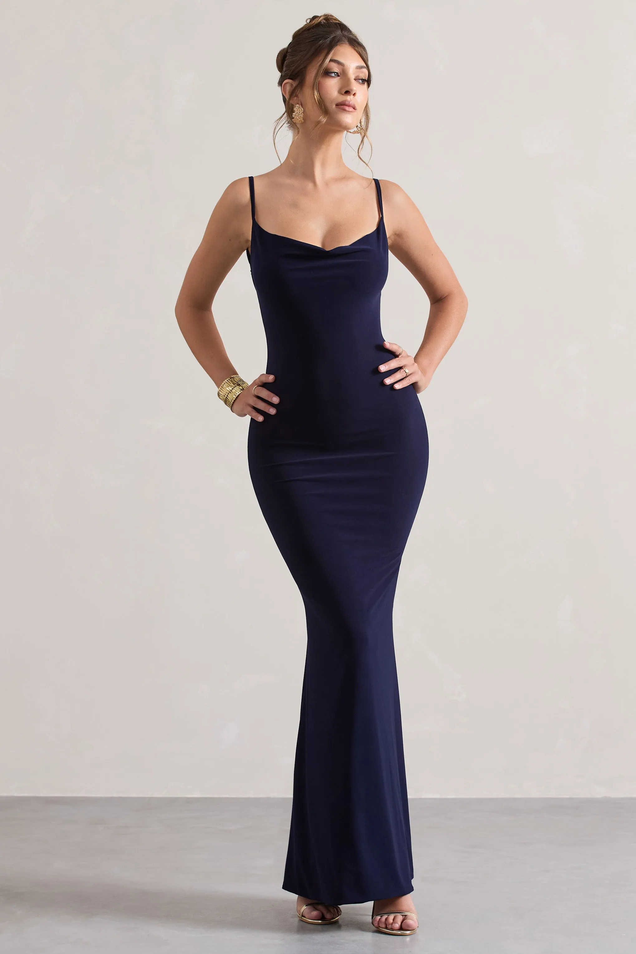 Francoise | Navy Cowl Neck Backless Maxi Dress With Lace Insert sold by Club L London product image thumbnail 5