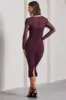 Between The Lines | Plum Ruched Mesh Long-Sleeved Bodycon Midi Dress sold by Club L London