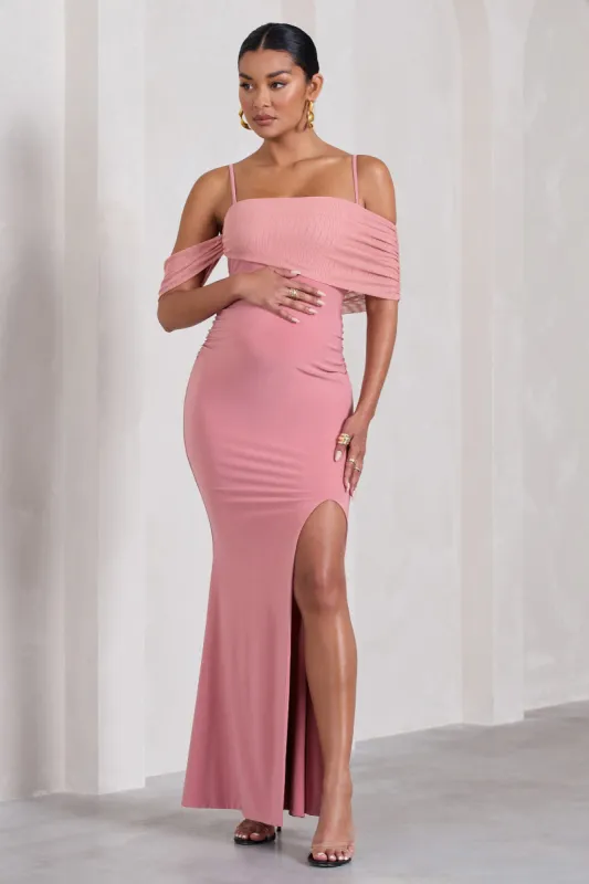 Augusta | Blush Pink Mesh Bardot Strappy Split Maternity Maxi Dress sold by Club L London