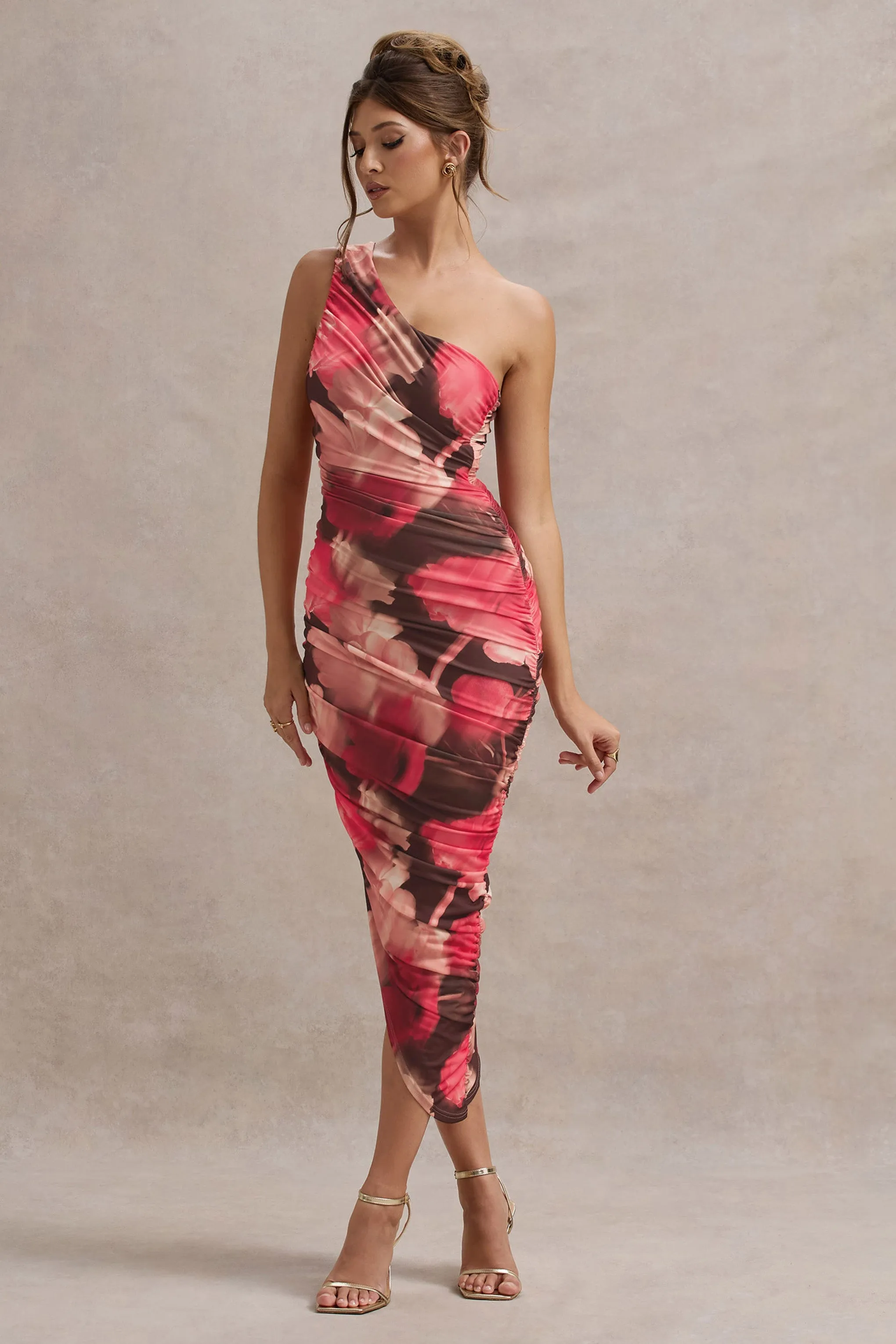 Dorit | Red Floral Print One Shoulder Asymmetric Ruched Midi Dress sold by Club L London product image thumbnail 5