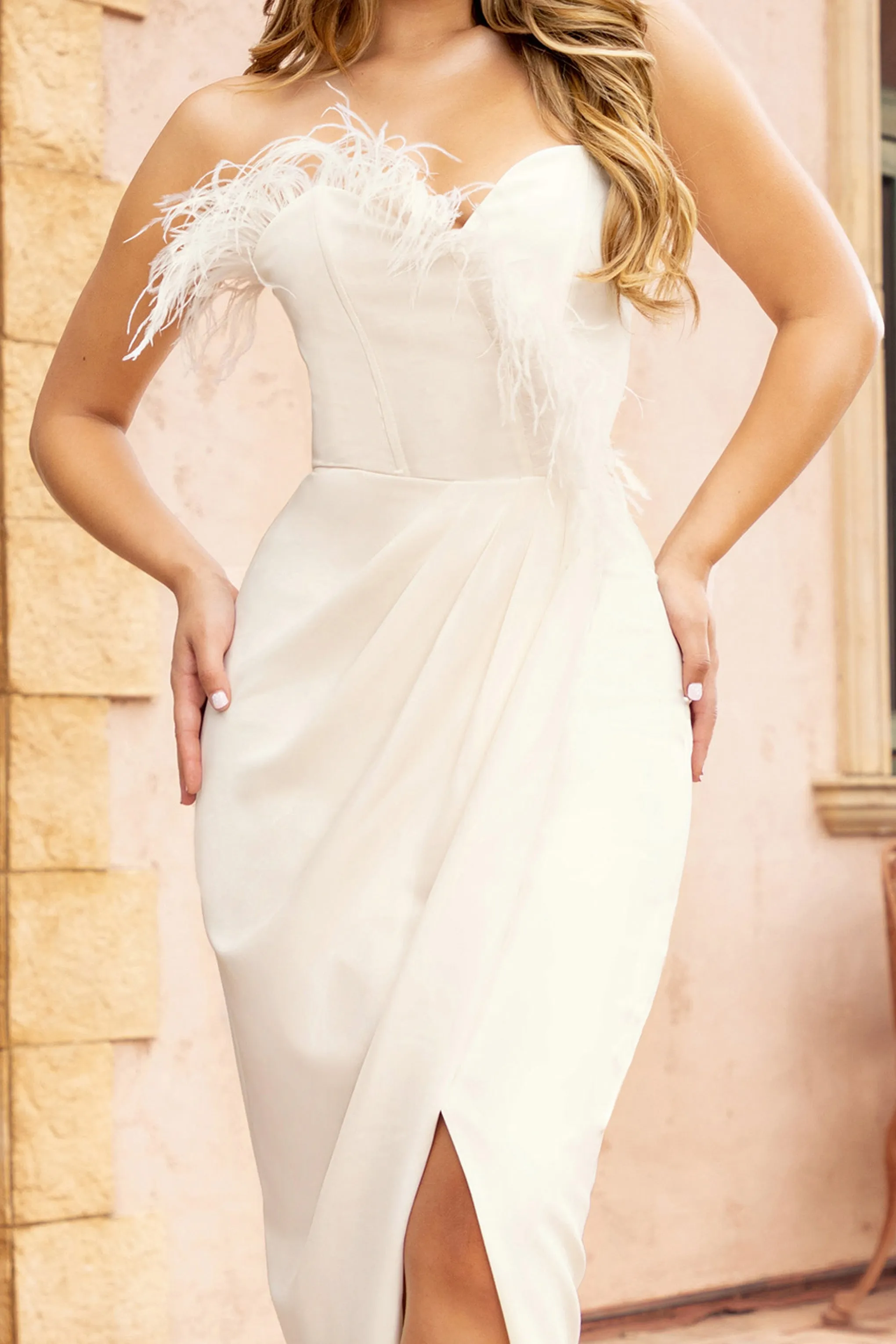 High Class | White Bandeau Thigh Split Maxi Dress With Feather Trim sold by Club L London product image thumbnail 3