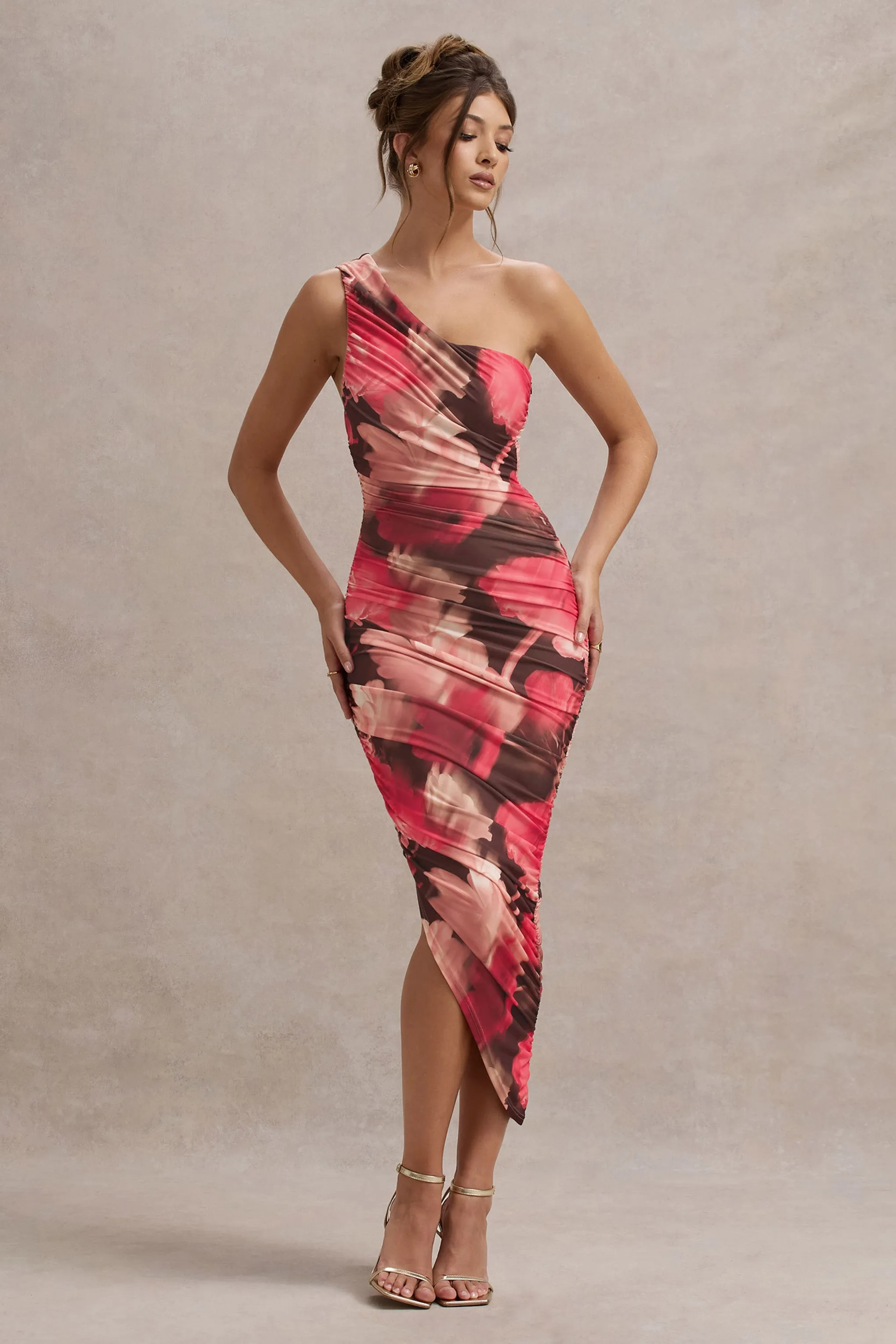 Dorit | Red Floral Print One Shoulder Asymmetric Ruched Midi Dress sold by Club L London