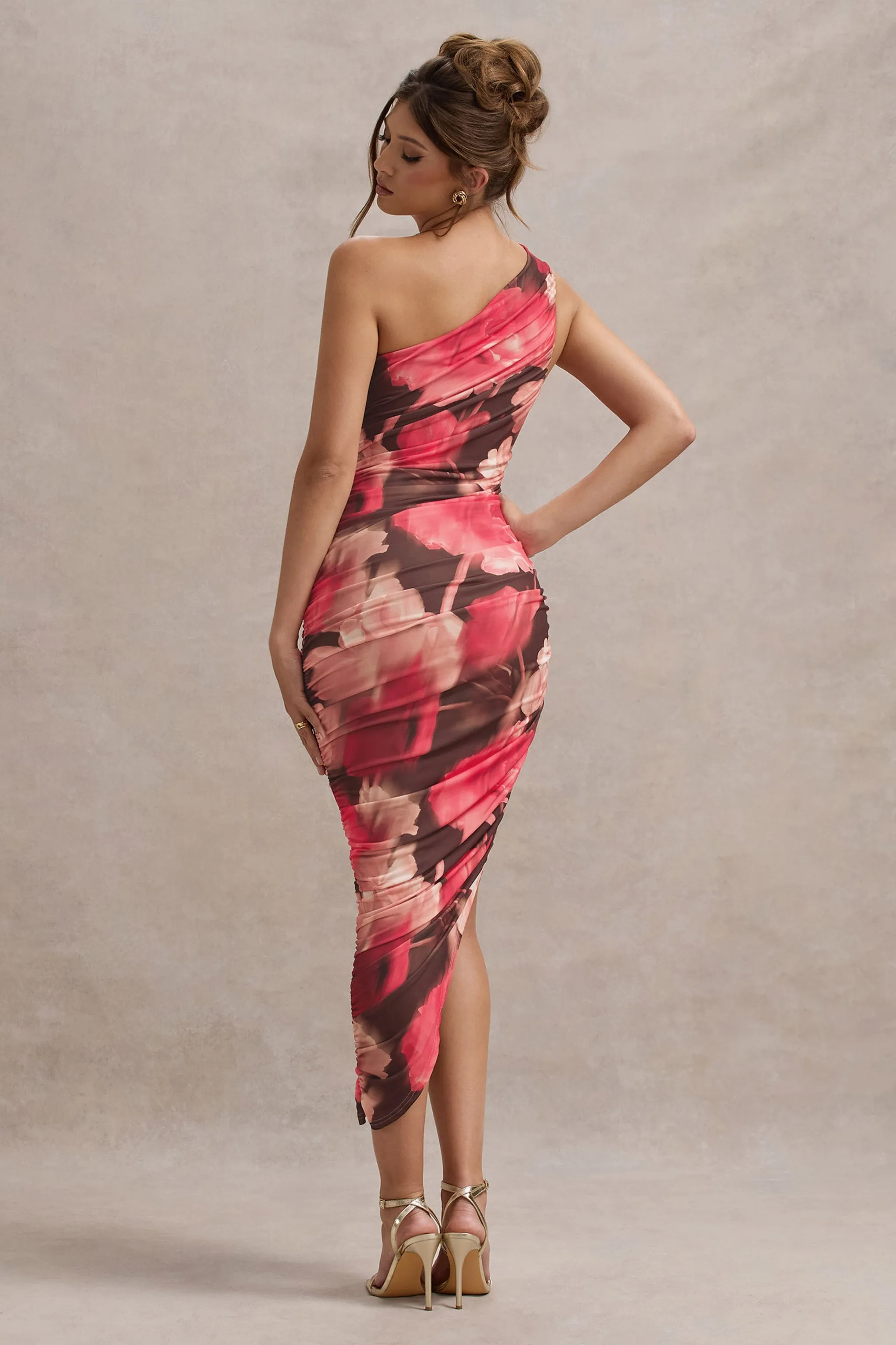 Dorit | Red Floral Print One Shoulder Asymmetric Ruched Midi Dress sold by Club L London product image thumbnail 2