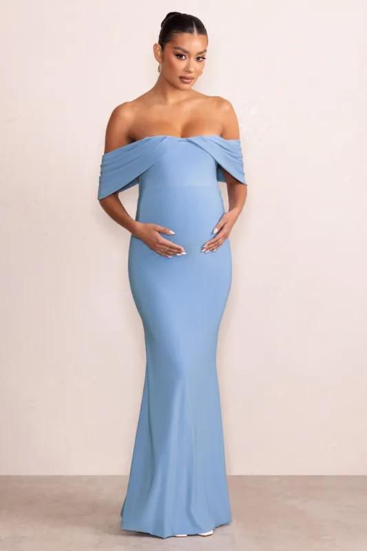 Asha | Powder Blue Draped Sleeve Bardot Maternity Maxi Dress sold by Club L London