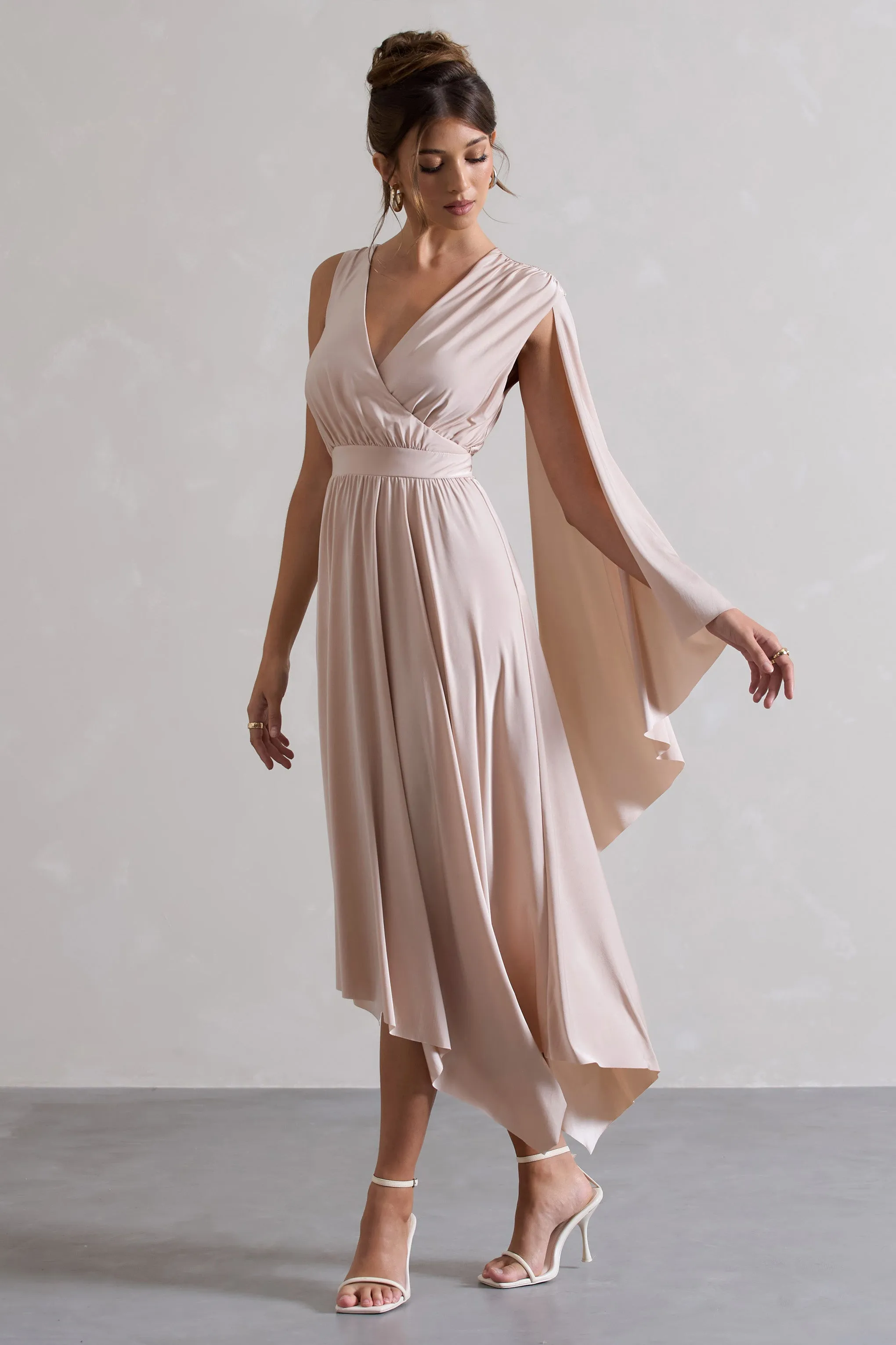 Fable | Champagne Plunge-Neck Maxi Dress With Cape Sleeve sold by Club L London