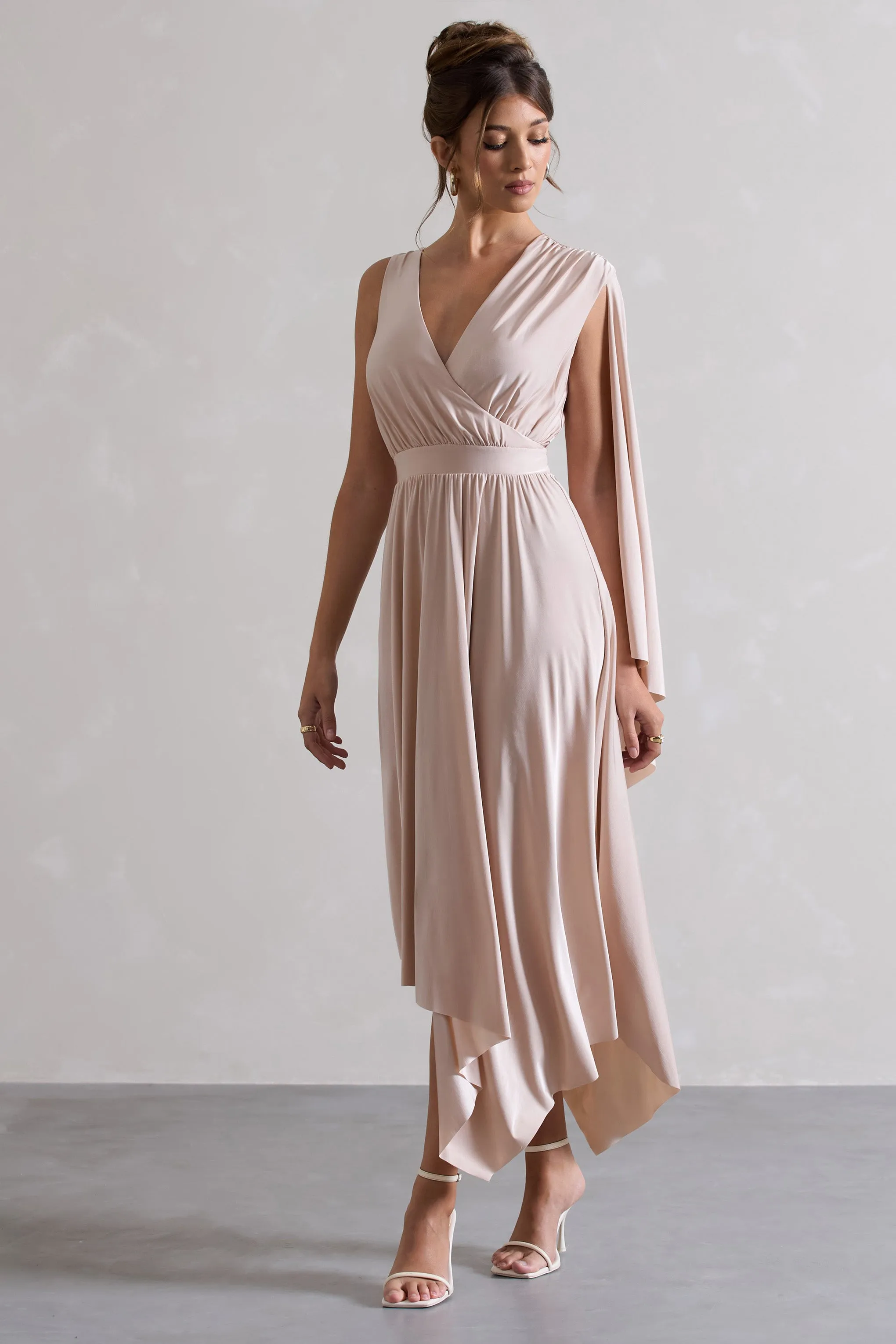 Fable | Champagne Plunge-Neck Maxi Dress With Cape Sleeve sold by Club L London product image thumbnail 5
