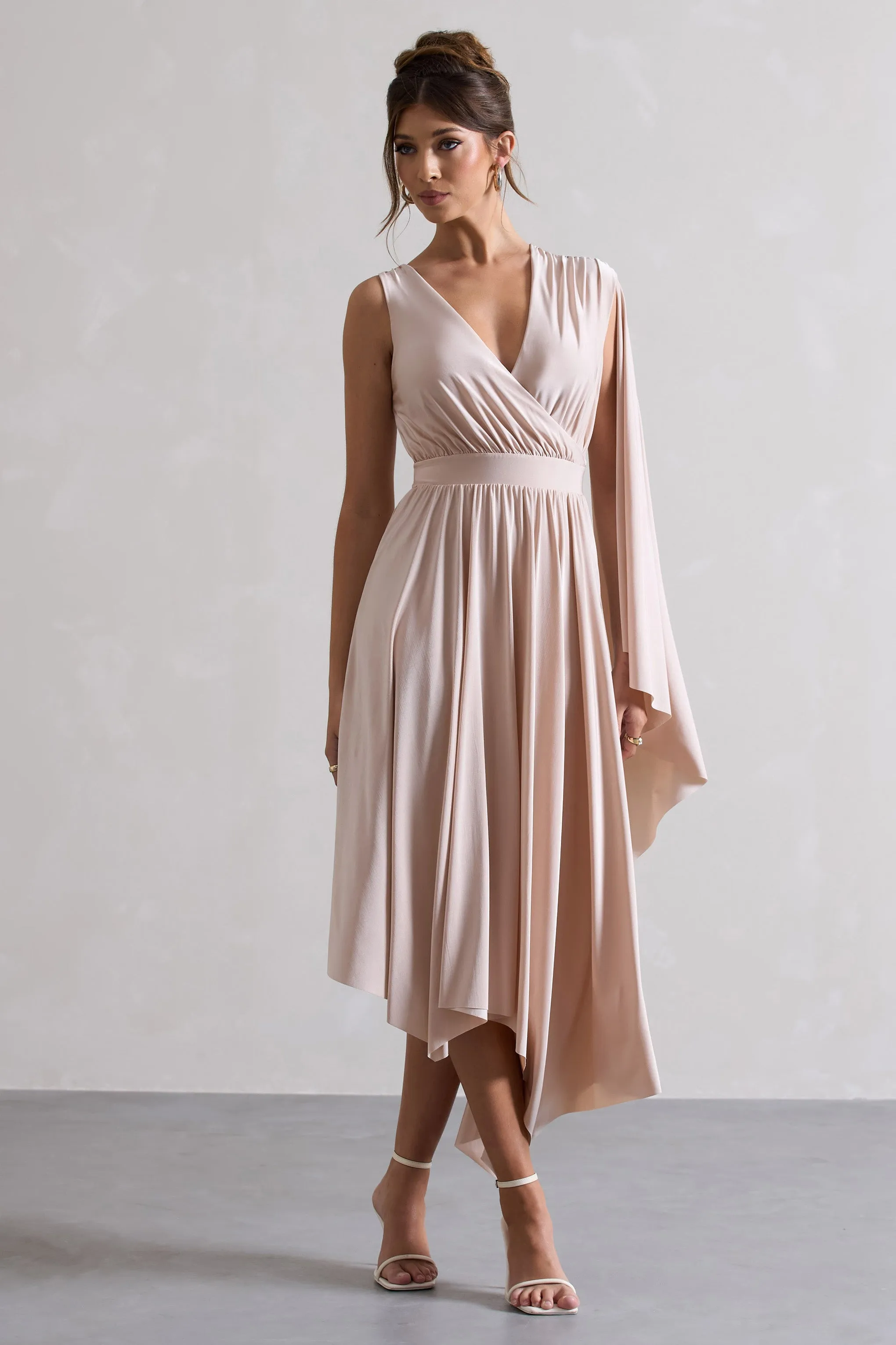 Fable | Champagne Plunge-Neck Maxi Dress With Cape Sleeve sold by Club L London product image thumbnail 4