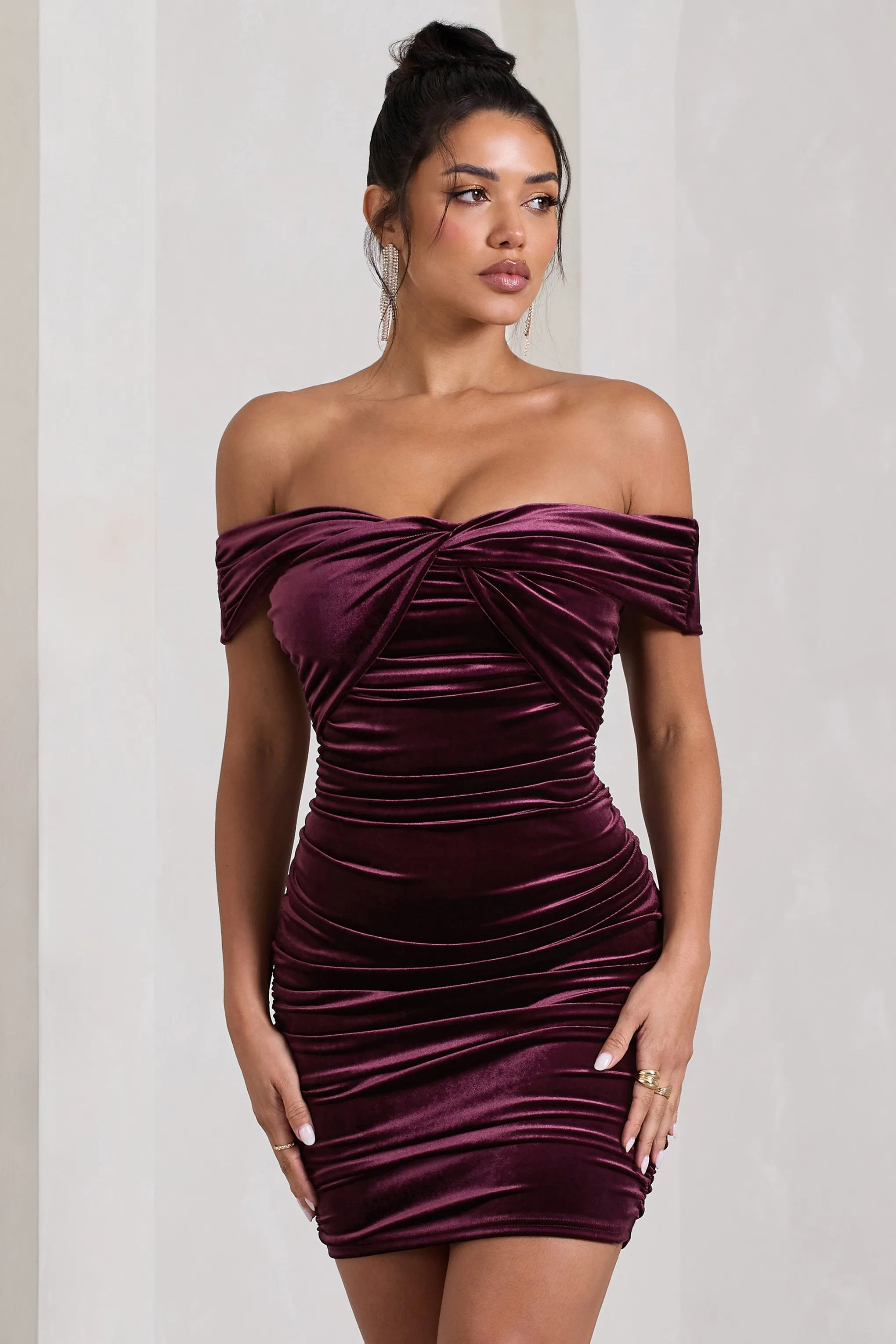 Appreciate | Port Velvet Twisted Bardot Ruched Mini Dress sold by Club L London product image thumbnail 5