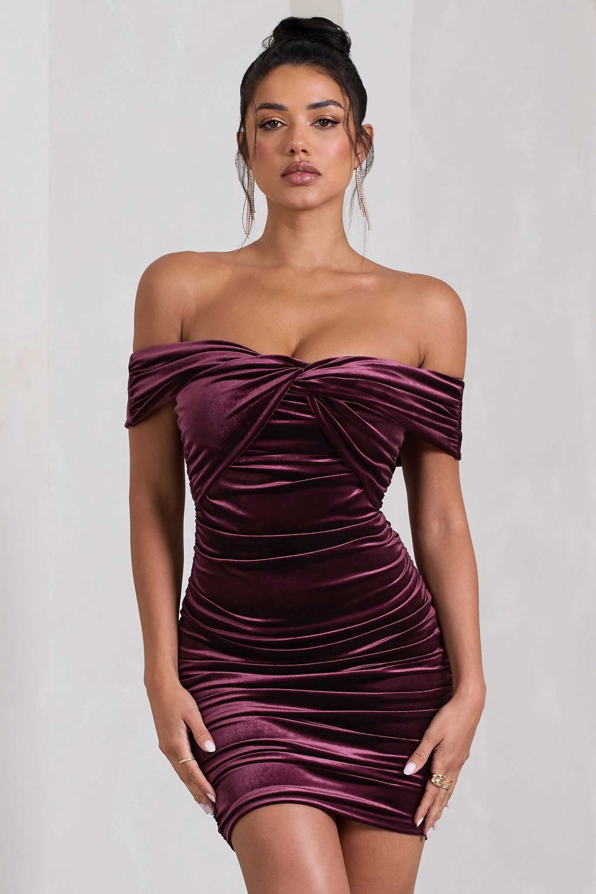 Appreciate | Port Velvet Twisted Bardot Ruched Mini Dress sold by Club L London