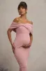 Alyssa | Blush Bardot Bow Maternity Midi Dress with Ruching sold by Club L London