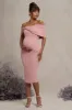 Alyssa | Blush Bardot Bow Maternity Midi Dress with Ruching sold by Club L London