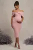Alyssa | Blush Bardot Bow Maternity Midi Dress with Ruching sold by Club L London