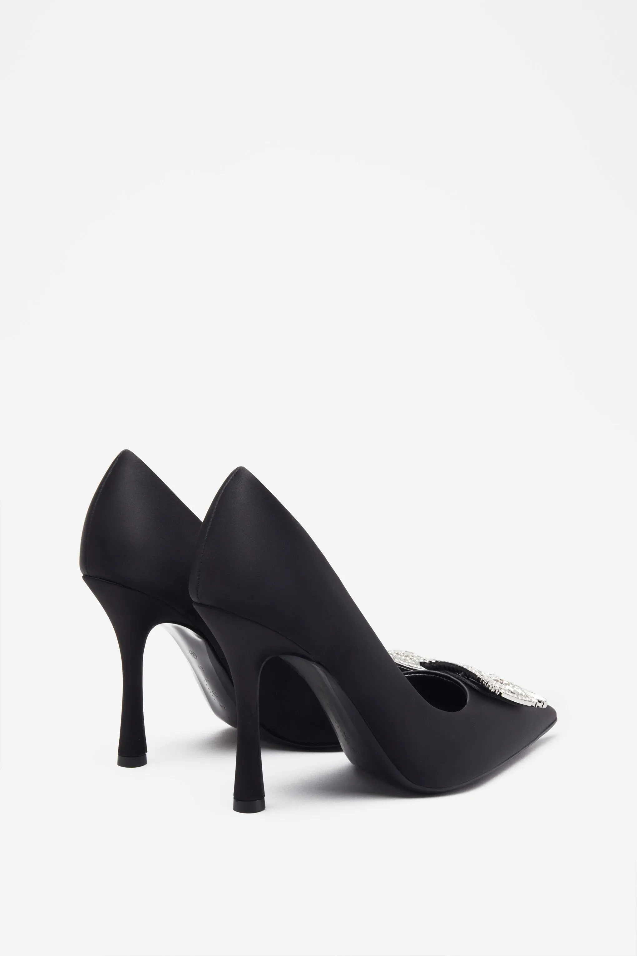 Lawless | Black Satin Pointed Court Heels With Diamante Brooches sold by Club L London product image thumbnail 3