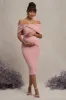 Alyssa | Blush Bardot Bow Maternity Midi Dress with Ruching sold by Club L London