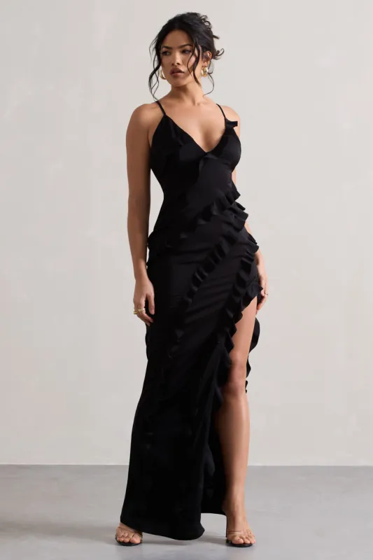 Run The World | Black Sweetheart Neckline Ruffle Maxi Dress sold by Club L London