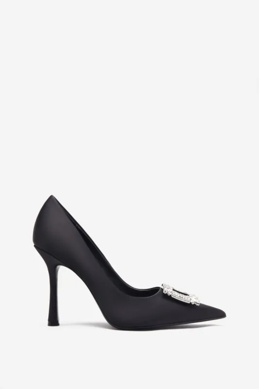 Lawless | Black Satin Pointed Court Heels With Diamante Brooches sold by Club L London