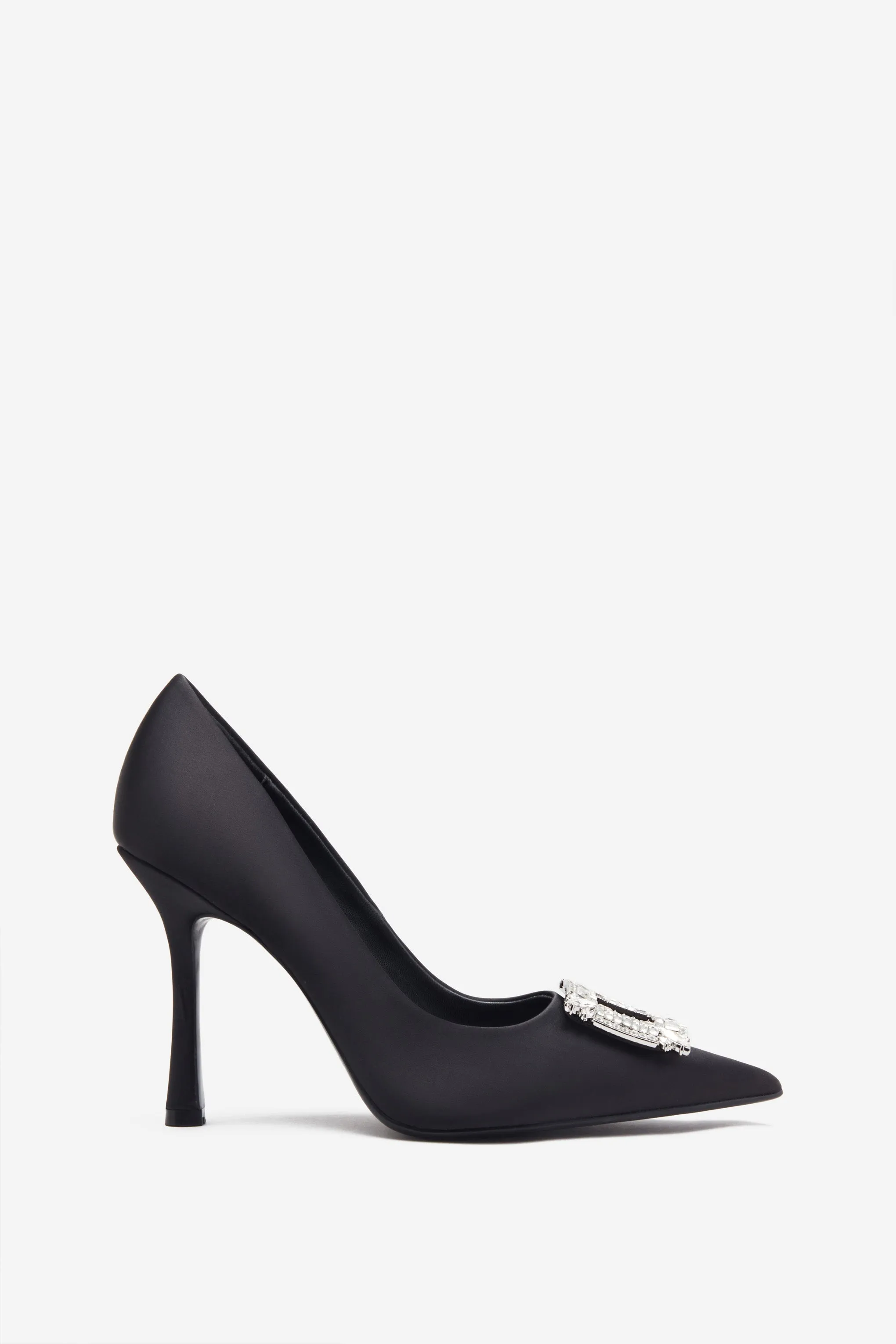 Lawless | Black Satin Pointed Court Heels With Diamante Brooches sold by Club L London