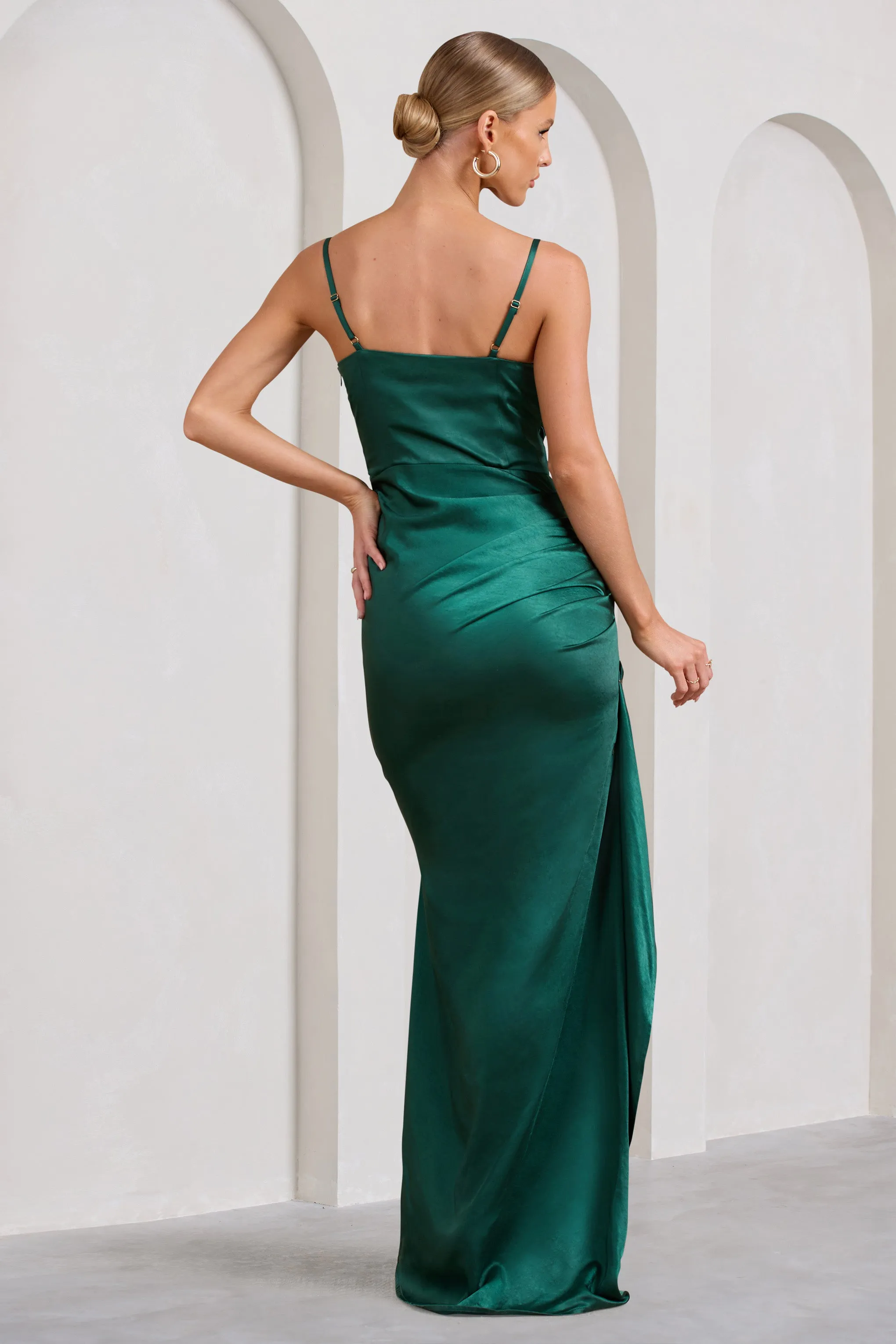 Buckingham | Bottle Green Satin Pleated Split Maxi Dress sold by Club L London product image thumbnail 2