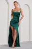 Buckingham | Bottle Green Satin Pleated Split Maxi Dress sold by Club L London
