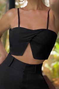 Top It Off | Black Wrap Over Cami Crop Top sold by Club L London