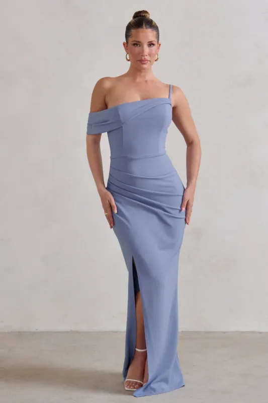 Tullulah | Blue Asymmetric Draped Maxi Dress With Split sold by Club L London