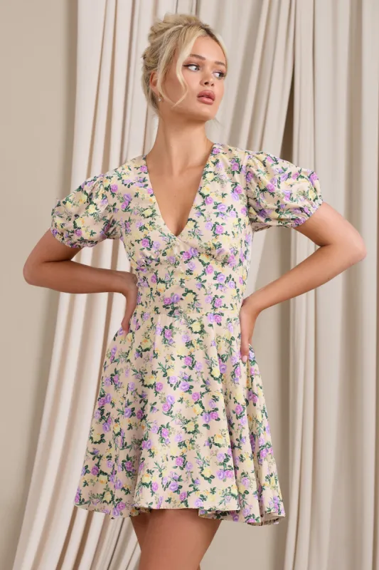Si Si | Yellow Floral V-Neck Puff-Sleeved Buttoned Mini Dress sold by Club L London