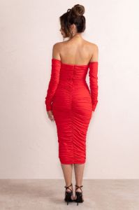 Charlotte | Red Deep Plunge Ruched Long Sleeved Midi Dress sold by Club L London