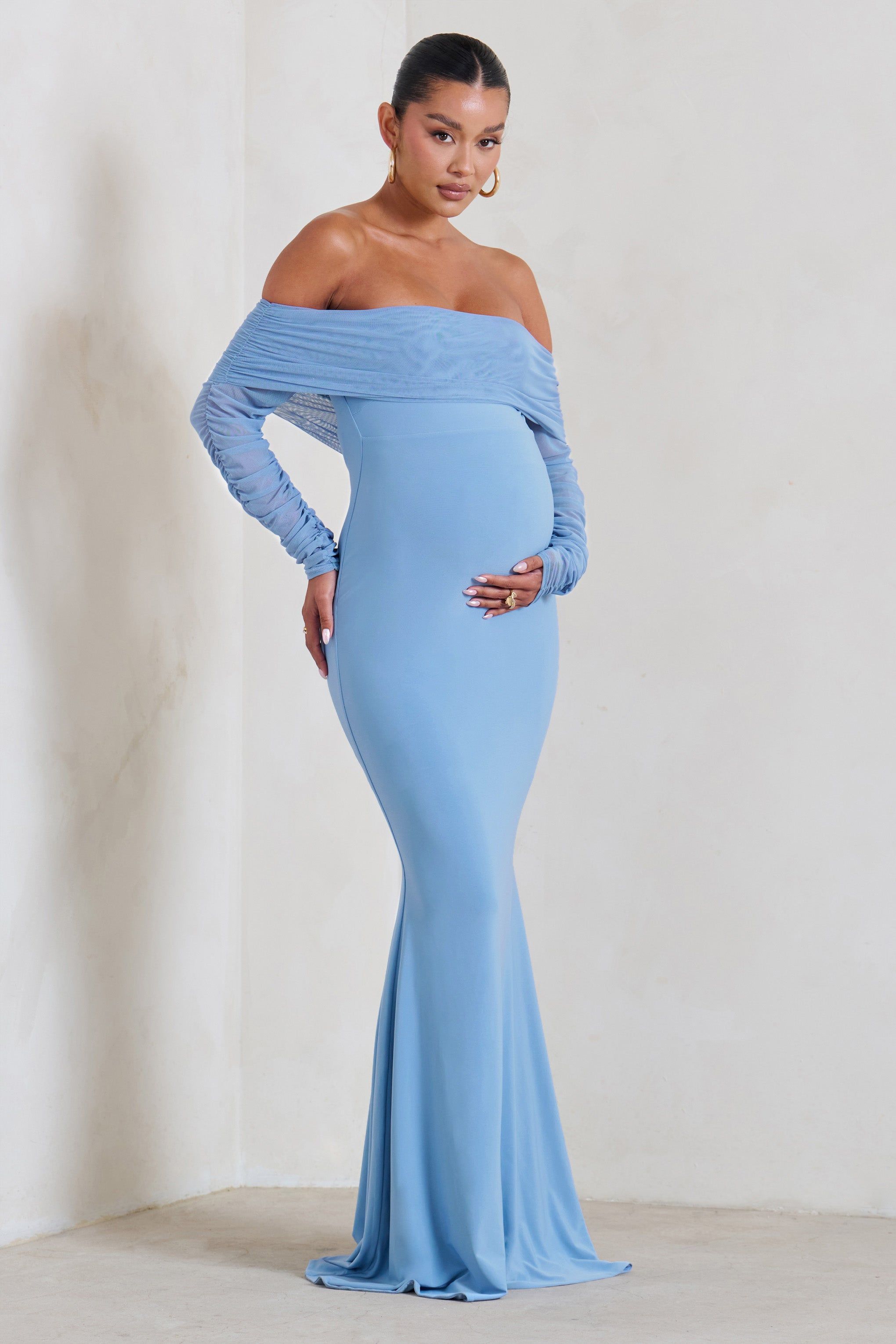 Pretty Perfect | Powder Blue Maternity Ruched Mesh Bardot Maxi Dress sold by Club L London product image thumbnail 3