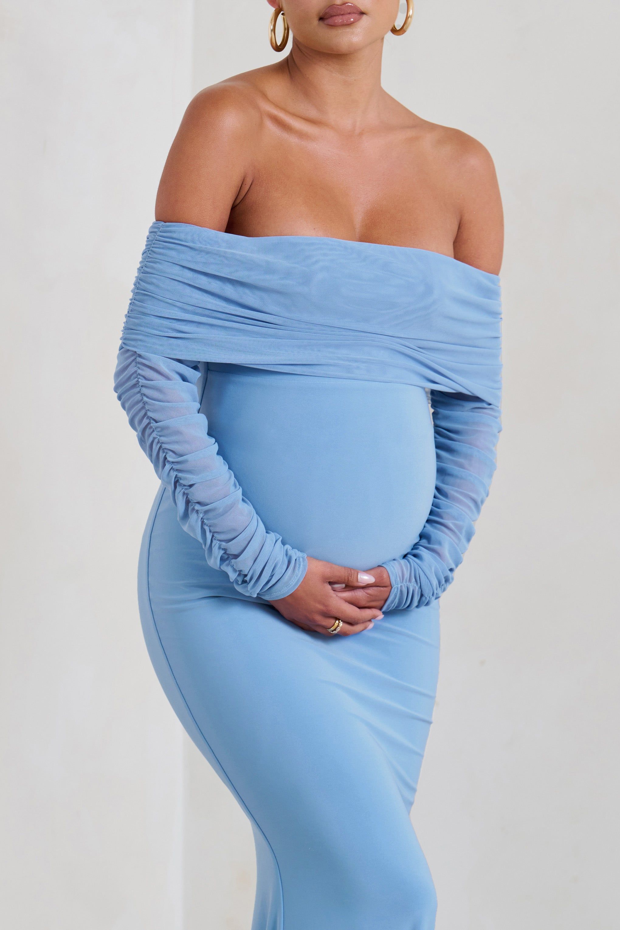 Pretty Perfect | Powder Blue Maternity Ruched Mesh Bardot Maxi Dress sold by Club L London product image thumbnail 4
