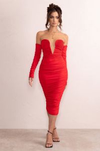 Charlotte | Red Deep Plunge Ruched Long Sleeved Midi Dress sold by Club L London