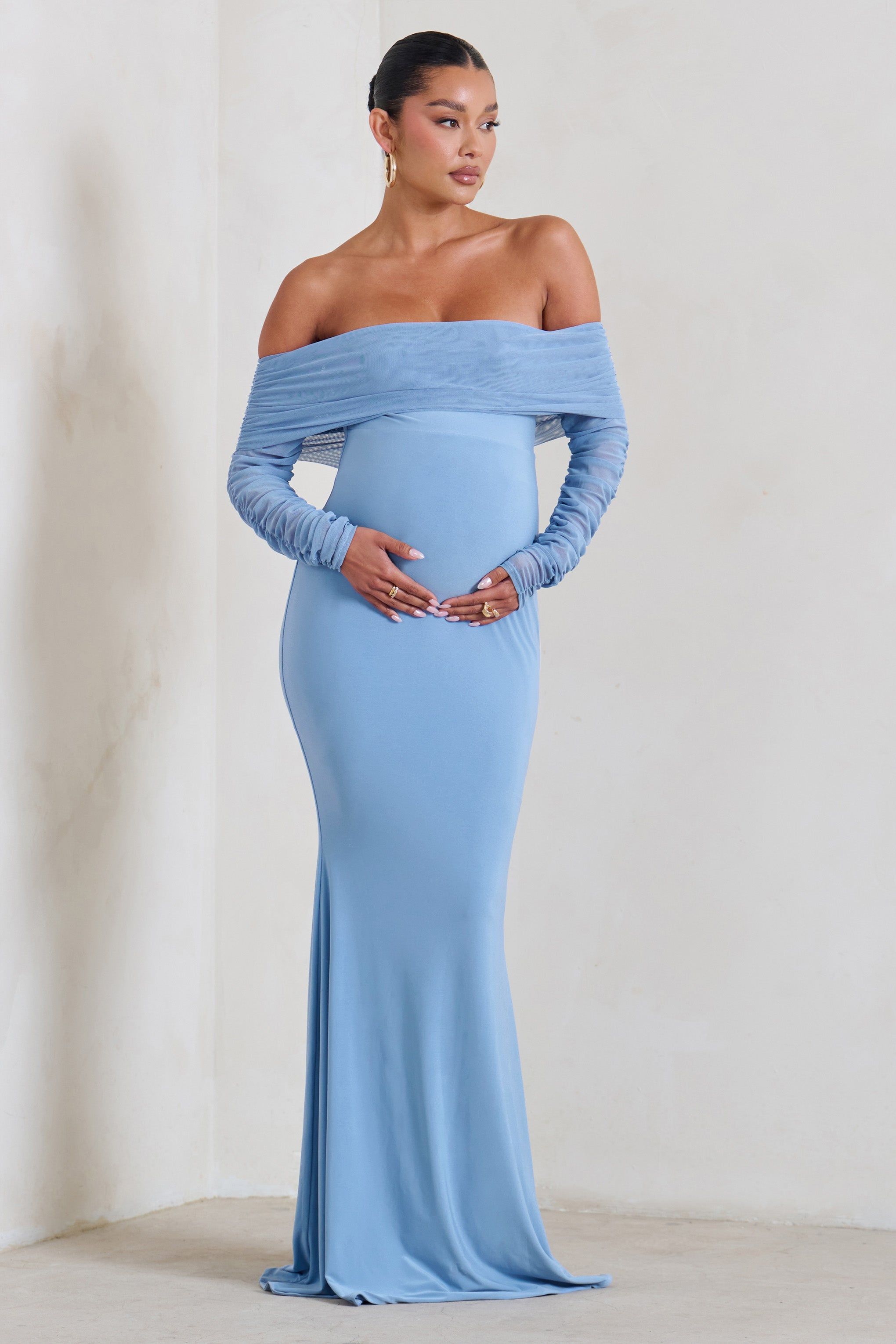 Pretty Perfect | Powder Blue Maternity Ruched Mesh Bardot Maxi Dress sold by Club L London