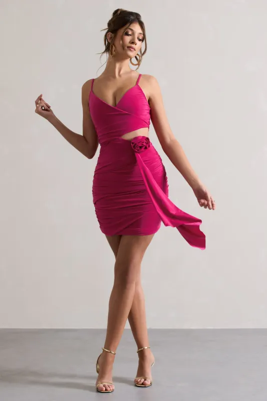 She's Here | Hot Pink Strappy Mini Dress With Flower & Drape sold by Club L London