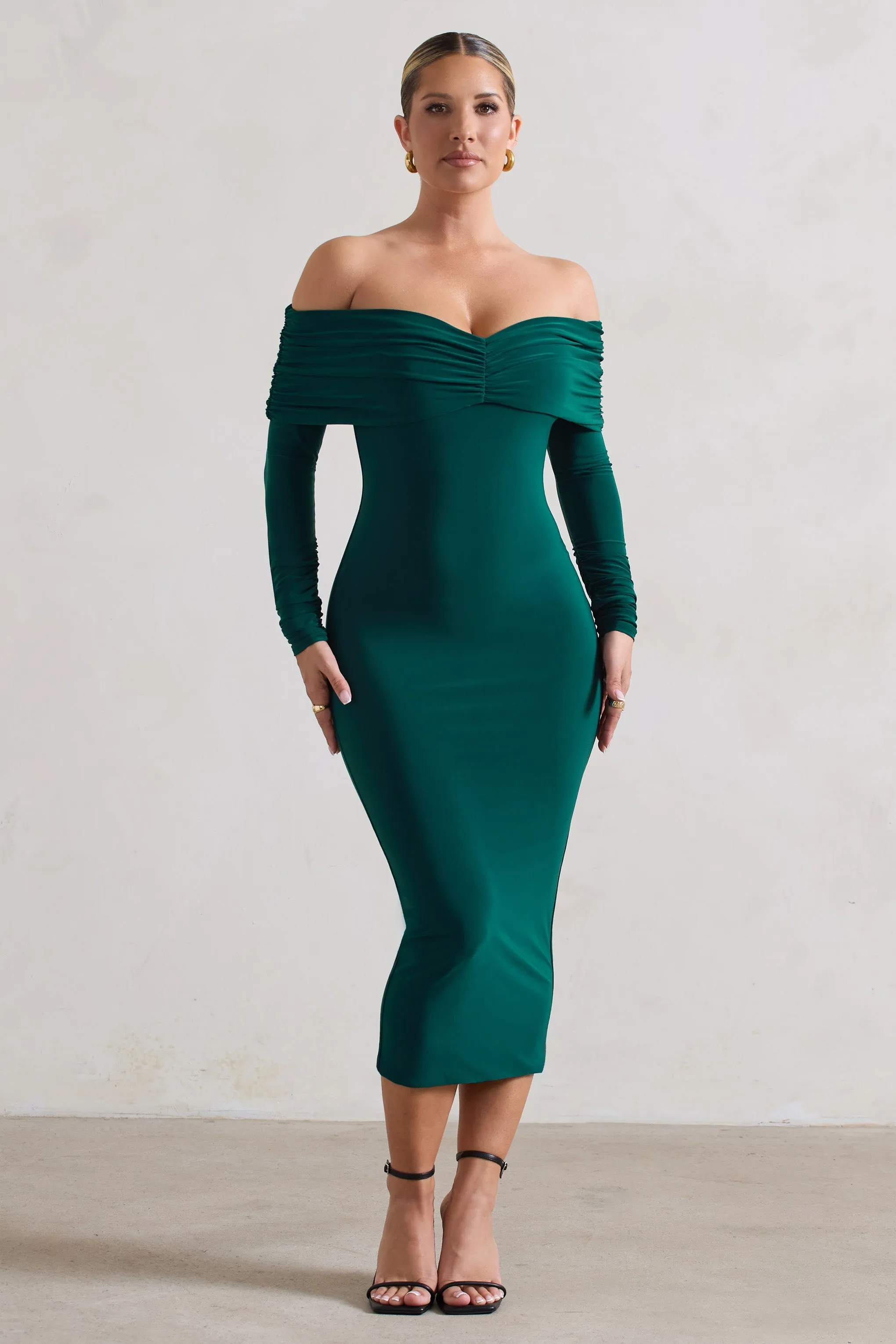Marcella | Bottle Green Bodycon Bardot Midi Dress sold by Club L London