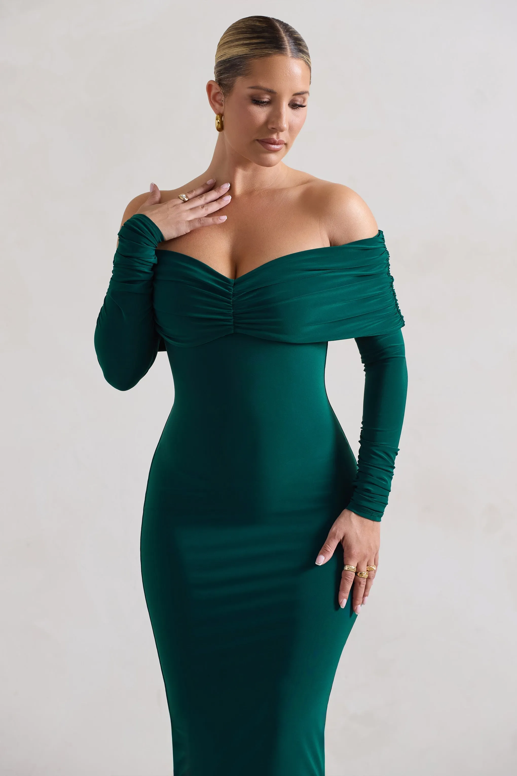 Marcella | Bottle Green Bodycon Bardot Midi Dress sold by Club L London product image thumbnail 3