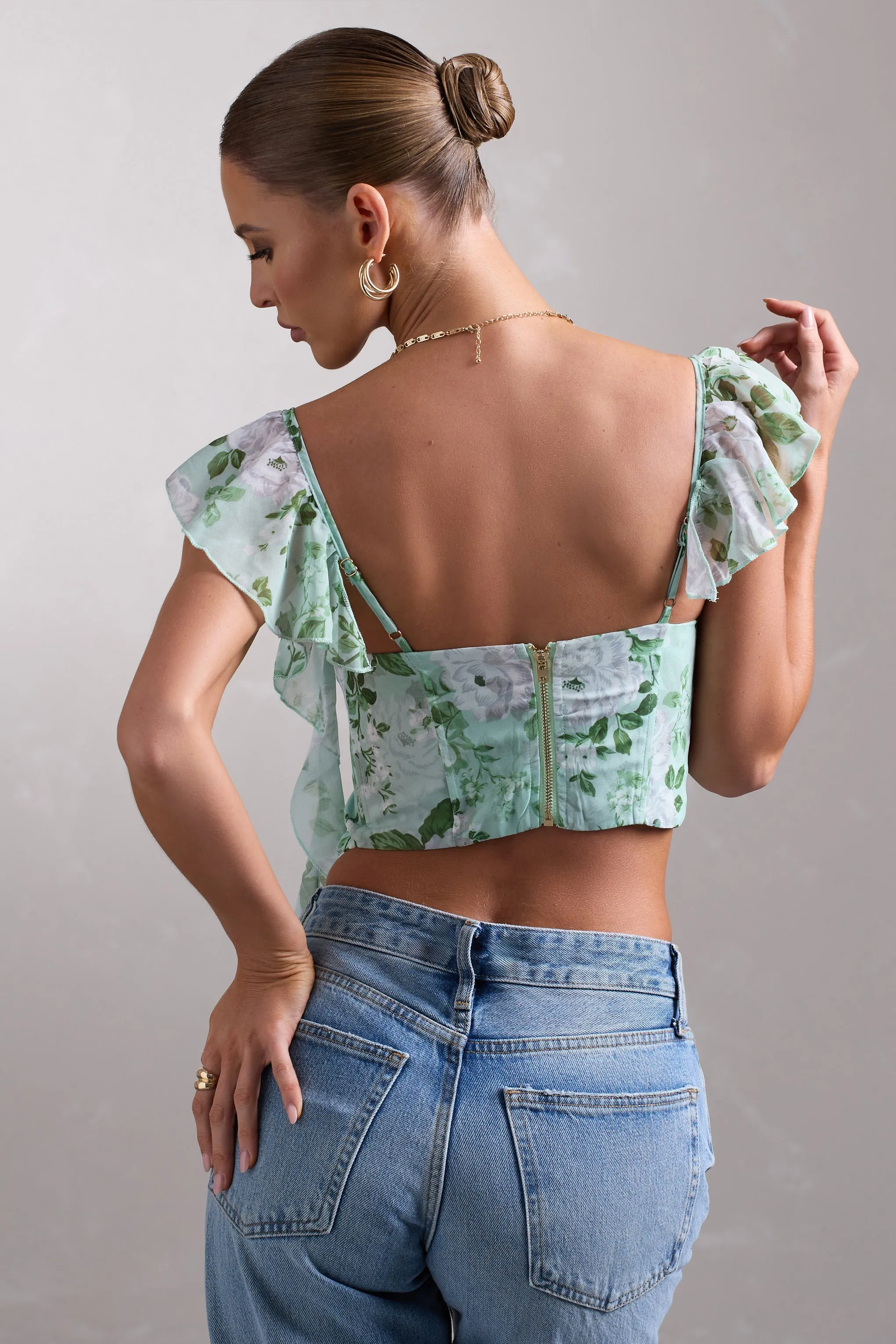 First Love | White & Green Floral Chiffon Cowl Crop Top With Ruffles sold by Club L London product image thumbnail 2