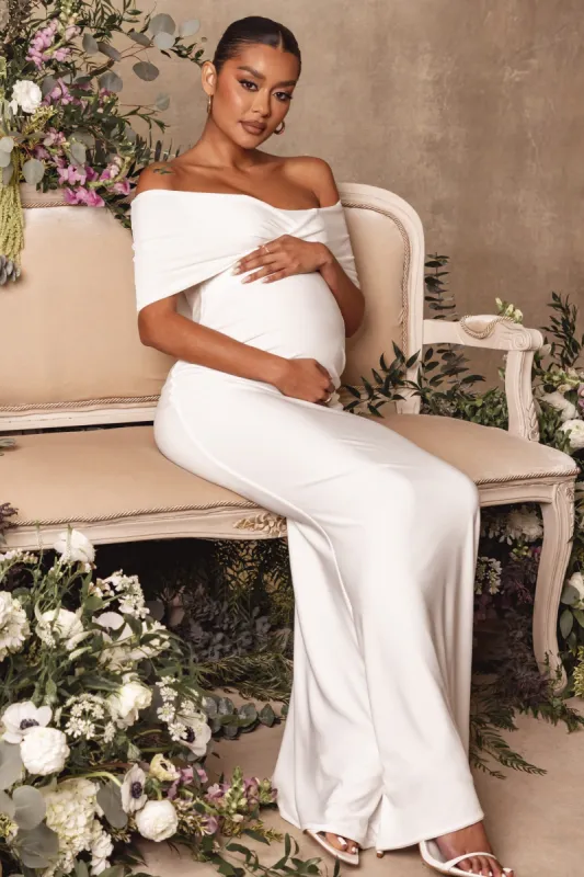 Amal | White Bardot Wrap Neckline Maternity Maxi Dress made by Club L London