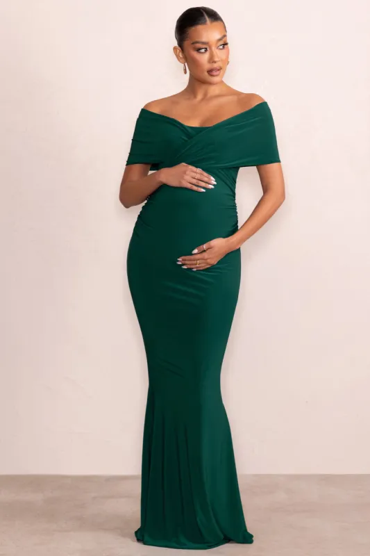 Amal | Bottle Green Bardot Wrap Neckline Maternity Maxi Dress sold by Club L London