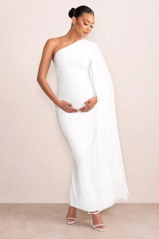 Amaryllis | White Maternity One Shoulder Maxi Dress with Cape Sleeve sold by Club L London