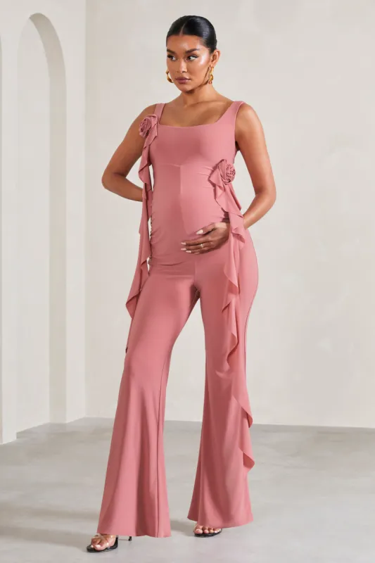 Magnolia | Blush Pink Square-Neck Flared-leg Maternity Jumpsuit With Flowers sold by Club L London