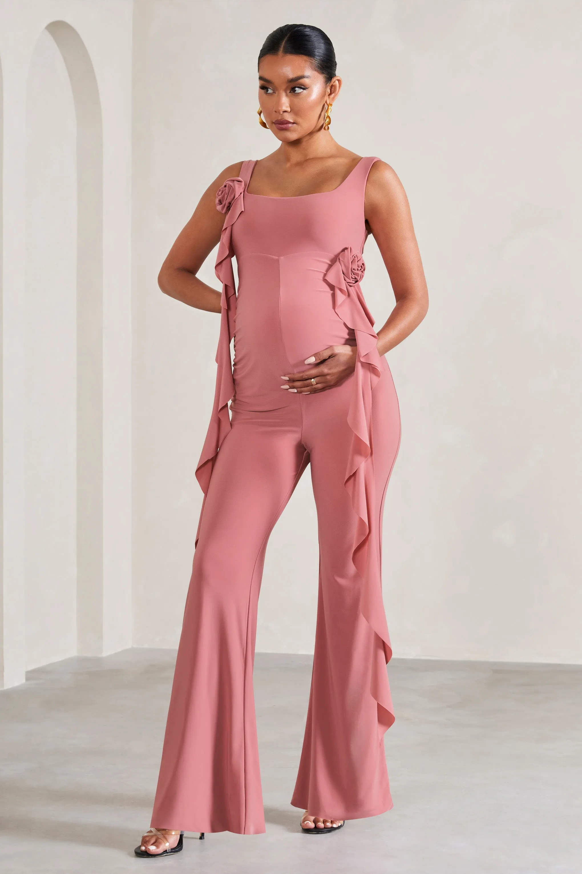 Magnolia | Blush Pink Square-Neck Flared-leg Maternity Jumpsuit With Flowers sold by Club L London