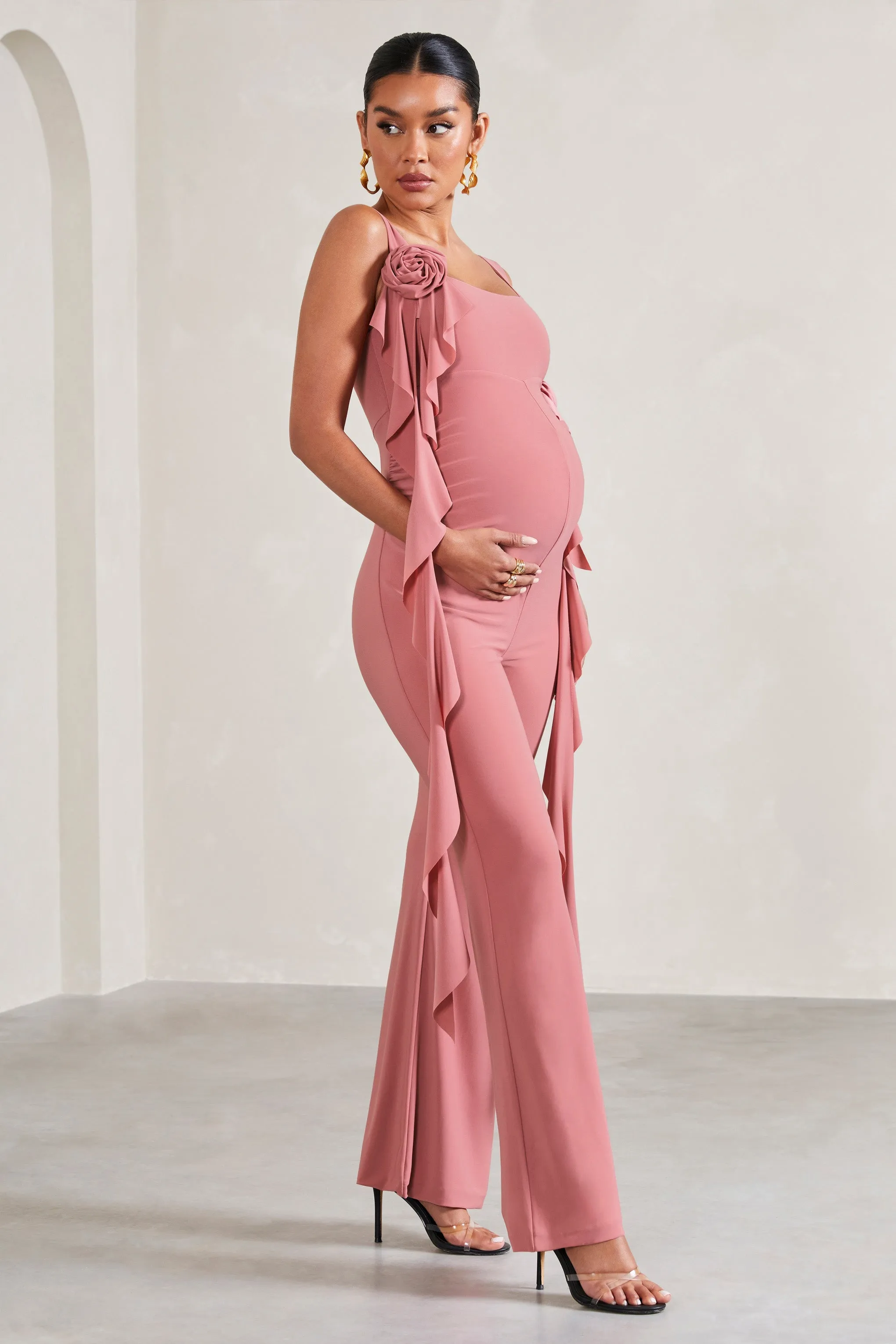 Magnolia | Blush Pink Square-Neck Flared-leg Maternity Jumpsuit With Flowers sold by Club L London product image thumbnail 4