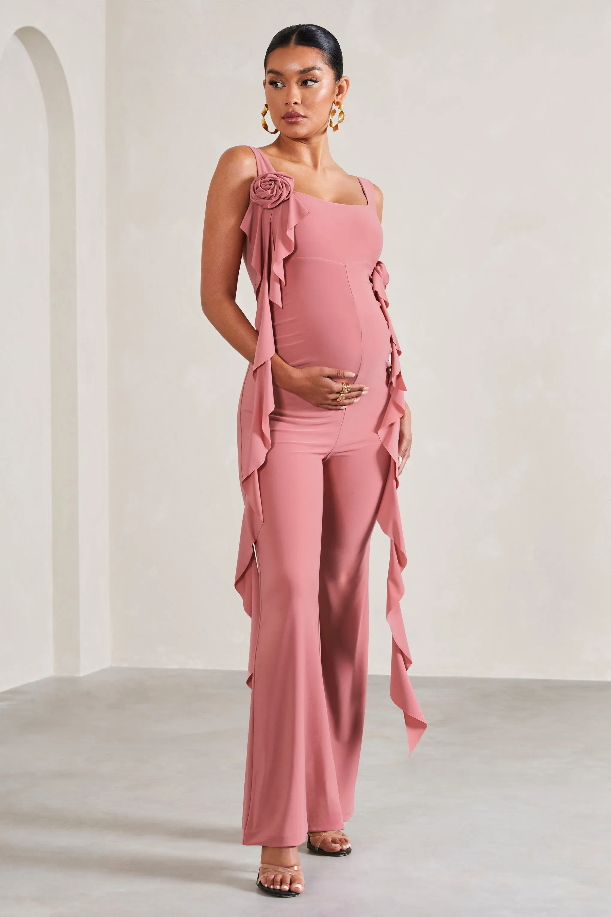 Magnolia | Blush Pink Square-Neck Flared-leg Maternity Jumpsuit With Flowers sold by Club L London product image thumbnail 5