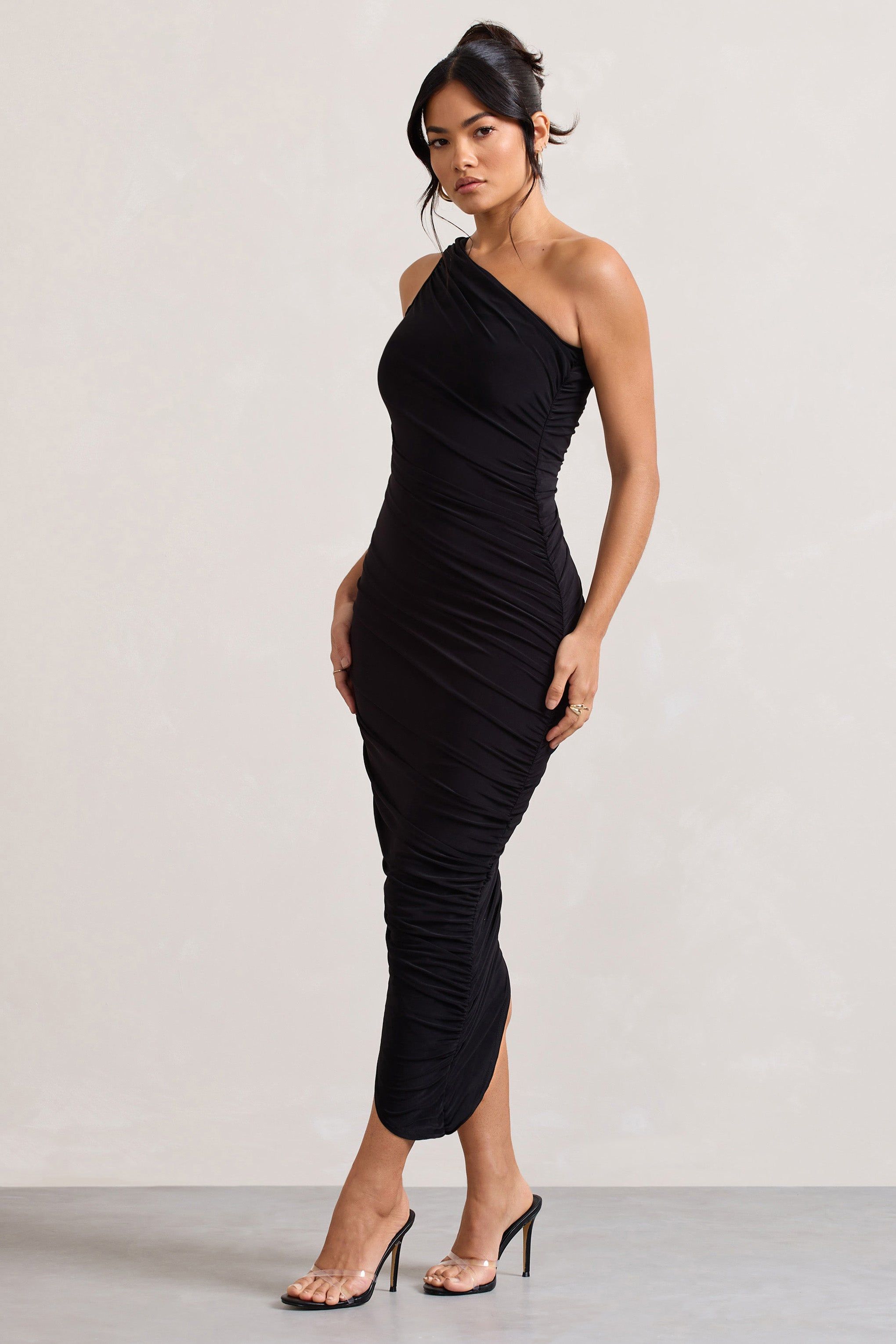 Dorit | Black One Shoulder Asymmetric Ruched Midi Dress sold by Club L London product image thumbnail 4
